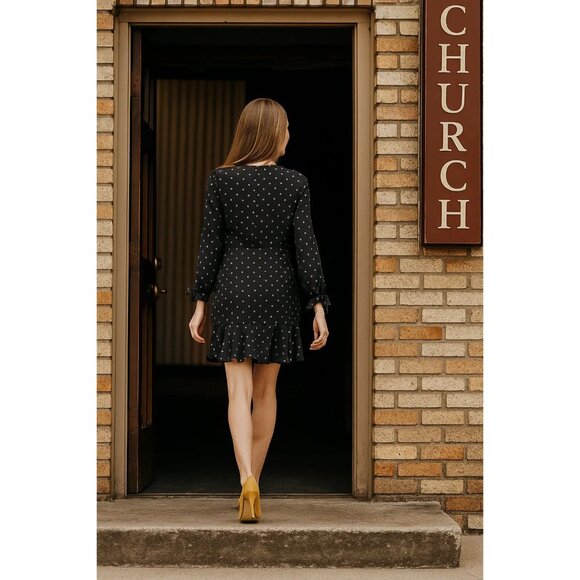 Gianni Bini Black & Gold Polka Dot Dress Size Small Bow Sleeve Ruffle Hem NWT - Picture 2 of 11